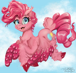 Size: 1024x981 | Tagged: safe, artist:brow9637, pinkie pie, pegasus, pony, g4, :3, blushing, chest fluff, cloud, colored hooves, colored wings, cute, diapinkes, ear fluff, ear tufts, female, floppy ears, fluffy, flying, g5 concept leak style, g5 concept leaks, hoof fluff, leg fluff, looking at you, mare, open mouth, pegasus pinkie pie, pinkie pie (g5 concept leak), shoulder fluff, sky, smiling, solo, spread wings, tail feathers, unshorn fetlocks, wing fluff, wings