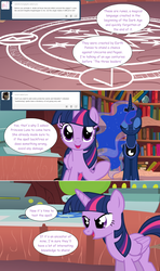 Size: 1280x2168 | Tagged: safe, artist:hakunohamikage, princess luna, twilight sparkle, alicorn, pony, ask-princesssparkle, g4, ask, magic, magic circle, runes, tumblr, twilight sparkle (alicorn)