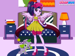 Size: 800x600 | Tagged: safe, artist:user15432, spike, twilight sparkle, alicorn, dog, human, equestria girls, g4, bed, bedroom, clothes, dress, dressup, hat, humanized, nightcap, pajamas, ponied up, sleep mask, slippers, slumber party, spike the dog, starsue, twilight sparkle (alicorn), winged humanization, wings