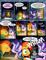 Size: 1275x1650 | Tagged: safe, artist:dsana, spike, starlight glimmer, sunburst, trixie, twilight sparkle, alicorn, dragon, pony, unicorn, comic:the shadow shard, g4, blushing, comic, female, fireplace, looking at each other, male, mare, moment killer, ship:starburst, shipping, stallion, straight, twilight sparkle (alicorn)