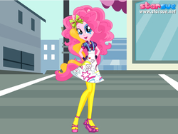 Size: 800x600 | Tagged: safe, artist:user15432, pinkie pie, human, equestria girls, g4, my little pony equestria girls: rainbow rocks, bow, clothes, dress, dressup, fashion, fashionista, female, fingerless gloves, gloves, hair bow, high heels, ponied up, shoes, solo, starsue