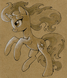 Size: 600x699 | Tagged: safe, artist:maytee, sunset shimmer, pony, unicorn, g4, female, mare, monochrome, partial color, rearing, sepia, sketch, smiling, solo, traditional art