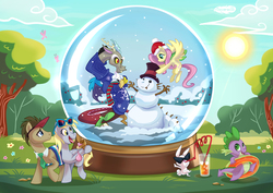 Size: 3393x2399 | Tagged: safe, artist:seanica, angel bunny, derpy hooves, discord, doctor whooves, fluttershy, spike, time turner, butterfly, dragon, clothes, drinking, flying, food, hat, ice cream, juice, scarf, snow globe, snowman, spread wings, sunglasses, tongue out, wings