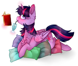 Size: 913x774 | Tagged: safe, artist:twinkepaint, twilight sparkle, alicorn, pony, g4, book, chest fluff, drinking, female, heart eyes, magic, mare, pillow, prone, relaxing, simple background, solo, telekinesis, transparent background, twilight sparkle (alicorn), wingding eyes