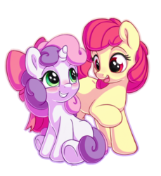 Size: 1100x1200 | Tagged: safe, artist:bobdude0, apple bloom, sweetie belle, earth pony, pony, unicorn, g4, accessory swap, adorabloom, blushing, bow, cute, diasweetes, duo, eye contact, female, filly, hair bow, looking at each other, raised hoof, simple background, white background