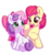 Size: 1100x1200 | Tagged: safe, artist:bobdude0, apple bloom, sweetie belle, earth pony, pony, unicorn, g4, accessory swap, adorabloom, blushing, bow, cute, diasweetes, duo, eye contact, female, filly, hair bow, lesbian, looking at each other, raised hoof, ship:sweetiebloom, shipping, simple background, white background