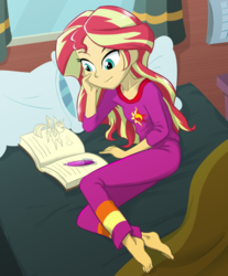 Size: 780x940 | Tagged: safe, artist:ta-na, sunset shimmer, twilight sparkle, alicorn, human, pony, equestria girls, g4, barefoot, bed, book, calendar, clothes, curtains, cutie mark on clothes, desk, feet, female, haycartes' method, heart, horn, journal, lying down, on side, pajamas, paper, paper pony, paper twilight, pen, pillow, smiling, solo, twilight sparkle (alicorn), window, wings