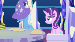 Size: 1920x1080 | Tagged: safe, artist:agrol, starlight glimmer, trixie, pony, unicorn, magic lessons, g4, bored, chair, clothes, duo, duo female, female, friendship throne, hat, mare, sleeping, table, trixie's hat