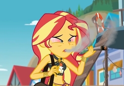 Size: 1038x720 | Tagged: safe, edit, edited screencap, screencap, sunset shimmer, equestria girls, equestria girls specials, g4, my little pony equestria girls: better together, my little pony equestria girls: forgotten friendship, beach, belly button, bracelet, clothes, drugs, houses, jewelry, joint, marijuana, midriff, sky, smoking, sunset stoner, swimsuit