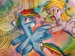 Size: 1024x762 | Tagged: safe, artist:ghoulishtalestudios, derpy hooves, rainbow dash, pegasus, pony, g4, abstract background, duo, duo female, female, glomp, mare, traditional art, watercolor painting, watermark