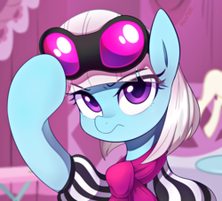 Size: 2777x2520 | Tagged: safe, artist:maren, photo finish, earth pony, pony, g4, carousel boutique, clothes, curtains, eye, eyes, female, glasses off, high res, looking at you, mannequin, mare, missing accessory, scarf, solo, sunglasses, table
