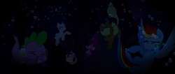 Size: 1917x810 | Tagged: safe, screencap, applejack, fluttershy, pinkie pie, rainbow dash, rarity, spike, dragon, earth pony, pegasus, pony, unicorn, g4, my little pony: the movie, bubble, dark, drowning, eyes closed, holding breath, underwater