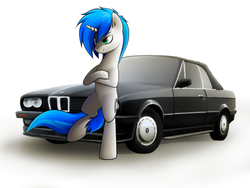 Size: 1600x1200 | Tagged: safe, artist:o0o-bittersweet-o0o, oc, oc only, oc:shifting gear, pony, unicorn, belly, bipedal, bmw, bmw e30, car, leaning, male, simple background, smiling, white background