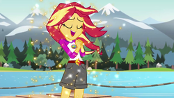 Size: 1280x720 | Tagged: safe, screencap, sunset shimmer, equestria girls, g4, my little pony equestria girls: legend of everfree, camp everfree outfits, clothes, embrace the magic, eyes closed, female, forest, lake, open mouth, scenery, shorts, singing, solo, sparkles, tree, water