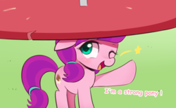 Size: 1500x921 | Tagged: safe, artist:maren, lily longsocks, earth pony, pony, g4, adorasocks, balancing, blushing, captain obvious, cute, dialogue, earth pony magic, earth pony strength, female, filly, floppy ears, foal, hnnng, lilydorable, looking at you, looking up, magic, one eye closed, open mouth, raised hoof, smiling, solo, stars, strong, super strength, sweet dreams fuel, truth, wink
