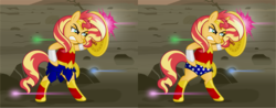 Size: 1659x652 | Tagged: safe, artist:sugar-loop, sunset shimmer, pony, unicorn, g4, bipedal, brony thank you fund, clothes, crossover, dc comics, female, mare, shield, solo, wonder woman