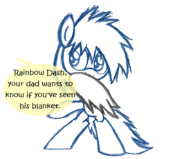 Size: 664x614 | Tagged: safe, artist:lilboulder-cloudsdalefillies, rainbow dash, pegasus, pony, vampony, g4, cute, dashabetes, female, filly, filly rainbow dash, implied fluttershy, simple background, sketch, speech bubble, white background, younger
