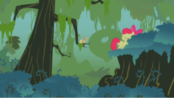 Size: 1280x722 | Tagged: safe, screencap, apple bloom, applejack, earth pony, pony, bridle gossip, g4, apple sisters, appletini, brambles, duo, everfree forest, female, filly, foal, forest, mare, micro, sisters, stranded, walking away