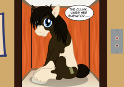 Size: 3300x2308 | Tagged: safe, artist:badumsquish, derpibooru exclusive, oc, oc only, oc:the clunk, earth pony, gypsy vanner, horse, pony, amazon, big, cute, dialogue, elevator, female, giant pony, high res, looking at you, macro, messy mane, parody, ponified, sign, sitting, smiling, solo, talking to viewer, tape, two toned coat, unshorn fetlocks