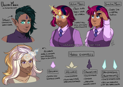 Size: 1386x980 | Tagged: safe, artist:hazurasinner, oc, oc only, oc:princess radiance, oc:starchaser, oc:umbra, human, hybrid, elf ears, humanized, humanized oc, interspecies offspring, magic, magical lesbian spawn, offspring, parent:discord, parent:pinkie pie, parent:princess celestia, parent:twilight sparkle, parents:dislestia, parents:twinkie, unicorns as elves, watermark