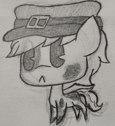 Size: 936x1024 | Tagged: safe, artist:showtimeandcoal, oc, oc only, oc:warhawk, black and white, chibi, colt, commission, cutie, grayscale, hat, ink, male, monochrome, pen, pencil, sketch, solo, stallion, traditional art