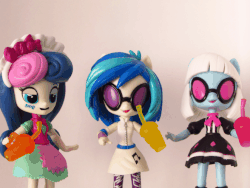 Size: 662x497 | Tagged: safe, artist:whatthehell!?, edit, bon bon, dj pon-3, photo finish, sweetie drops, vinyl scratch, equestria girls, g4, animated, boots, clothes, dancing, doll, equestria girls minis, female, irl, photo, shoes, skirt, toy