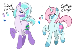 Size: 1215x810 | Tagged: safe, artist:chelseawest, oc, oc only, oc:cotton candy, oc:sour candy, pony, unicorn, colored eartips, colored muzzle, female, mare, reference sheet, simple background, transparent background