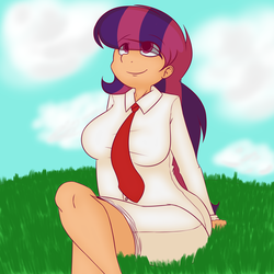 Size: 3000x3000 | Tagged: safe, artist:psicarii, oc, oc only, oc:color spark, human, breasts, clothes, female, high res, humanized, necktie, shirt, shorts, solo