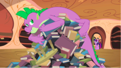 Size: 1282x723 | Tagged: safe, screencap, spike, twilight sparkle, dragon, pony, unicorn, g4, secret of my excess, book, claws, displeased, dragon hoard, duo, fangs, female, golden oaks library, greed spike, hoard, male, mare, older, older spike, quadrupedal spike, sin of greed, slit pupils, spike want, table, teenage spike, teenaged dragon, teenager, that dragon sure loves books, tongue out, unicorn twilight, wingless spike