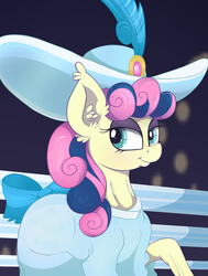 Size: 2722x3606 | Tagged: safe, artist:dragonpone, artist:paskanaakka, derpibooru exclusive, bon bon, sweetie drops, earth pony, pony, bonabelle bonette, bow, clothes, collaboration, colored sketch, dress, ear fluff, fancy, female, hat, high res, lidded eyes, looking at you, mare, raised hoof, smiling, solo, tail bow