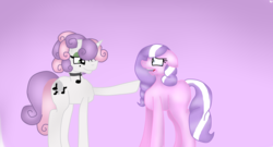 Size: 1709x925 | Tagged: safe, artist:kokonaharuka45, diamond tiara, sweetie belle, earth pony, pony, unicorn, g4, alternate hairstyle, alternate universe, beauty mark, collar, eyeshadow, female, makeup, mare, older, open mouth