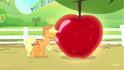 Size: 1282x721 | Tagged: safe, screencap, applejack, earth pony, pony, bats!, g4, my little pony: friendship is magic, apple, apple tree, female, fence, food, giant apple, giant produce, mare, solo, sparkles, tree