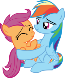 Size: 4084x4855 | Tagged: safe, artist:red4567, rainbow dash, scootaloo, pegasus, pony, campfire tales, g4, absurd resolution, cute, cutealoo, dashabetes, duo, female, holding a pony, scootalove, simple background, sisterly love, transparent background, vector