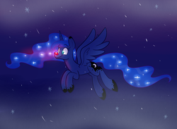 Size: 1500x1100 | Tagged: safe, artist:heir-of-rick, princess luna, alicorn, pony, g4, female, flying, mare, red nose, snow, snowfall, solo