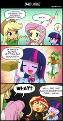Size: 800x1542 | Tagged: safe, artist:uotapo, edit, applejack, fluttershy, sunset shimmer, twilight sparkle, equestria girls, g4, clothes, comic, dialogue, flower, hay, hay bale, let them eat cake, speech bubble, text edit