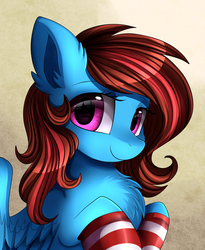 Size: 1024x1249 | Tagged: safe, artist:pridark, oc, oc only, oc:lucid heart, pegasus, pony, bust, chest fluff, clothes, commission, female, mare, portrait, smiling, socks, solo, striped socks