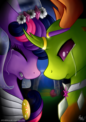 Size: 1600x2263 | Tagged: safe, artist:julunis14, thorax, twilight sparkle, alicorn, changedling, changeling, pony, g4, alternate hairstyle, arranged marriage, clothes, crossed horns, crying, crylight sparkle, dress, eyes closed, female, horn, horn ring, horns are touching, king thorax, male, marriage, ring, sad, shipping, straight, twilight sparkle (alicorn), twirax, veil, wedding, wedding ring