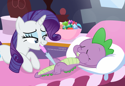 Size: 3228x2234 | Tagged: safe, artist:shutterflyeqd, rarity, spike, dragon, pony, unicorn, g4, bedroom eyes, eyes closed, female, gem, high res, male, misleading thumbnail, nail file, pillow, ship:sparity, shipping, spike day, straight