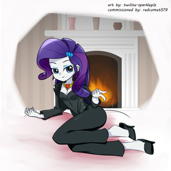 Size: 1000x1000 | Tagged: safe, artist:twilite-sparkleplz, rarity, equestria girls, g4, clothes, commission, female, fire ruby, fireplace, gradient background, high heels, shoes, solo, suit