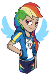 Size: 1400x1950 | Tagged: safe, artist:rodan00, rainbow dash, human, equestria girls, g4, my little pony equestria girls: better together, clothes, ear piercing, female, geode of super speed, hand in pocket, hoodie, human coloration, humanized, magical geodes, piercing, raised eyebrow, simple background, solo, transparent background, wings