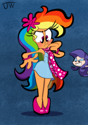 Size: 1447x2046 | Tagged: safe, artist:joeywaggoner, rainbow dash, rarity, human, g4, and then there's rarity, annoyed, blushing, clothes, cute, dashabetes, dress, high heels, humanized, rainbow dash always dresses in style, scarf, shoes, skirt, tomboy taming