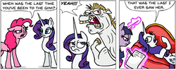 Size: 919x364 | Tagged: safe, artist:gingerfoxy, bulk biceps, pinkie pie, rarity, twilight sparkle, earth pony, pegasus, pony, unicorn, pony comic generator, g4, bad idea, comic, comic strip, couch, fainting couch, fat joke, female, frown, glowing, glowing horn, horn, implied murder, magic, mare, paper, pencil, rarity is not amused, simple background, telekinesis, this will end in pain, this will end in tears and/or death, unamused, white background, yeah!!!!!!!!