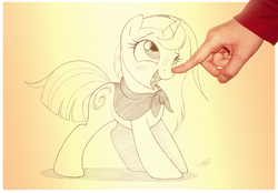 Size: 1082x752 | Tagged: safe, artist:sherwoodwhisper, oc, oc only, oc:eri, human, pony, unicorn, blushing, boop, cape, clothes, cute, female, hand, mare, sketch, smiling, solo