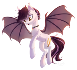 Size: 2708x2469 | Tagged: safe, artist:mp-printer, oc, oc only, bat pony, pony, bat pony oc, choker, flying, high res, open mouth, simple background, solo, spiked choker, white background