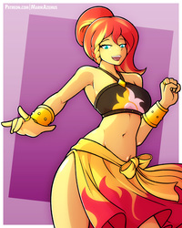 Size: 1200x1500 | Tagged: safe, artist:marik azemus34, sunset shimmer, equestria girls, equestria girls series, forgotten friendship, g4, abstract background, alternate hairstyle, armpits, belly button, bikini, bikini top, bracelet, braid, breasts, clothes, cute, female, hair up, jewelry, midriff, open mouth, ring, sarong, shimmerbetes, smiling, solo, summer sunset, swimsuit
