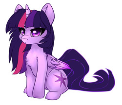 Size: 2925x2528 | Tagged: safe, alternate version, artist:duop-qoub, twilight sparkle, alicorn, pony, descended twilight, g4, alternate hairstyle, chest fluff, female, high res, looking at you, mare, simple background, sitting, solo, twilight sparkle (alicorn), white background, wings