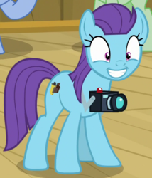 Size: 510x596 | Tagged: safe, screencap, chain letter (character), lens reflex, spray tag, well-wisher, earth pony, pony, g4, once upon a zeppelin, background pony, camera, cropped, female, grin, mare, smiling, solo focus