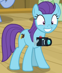 Size: 510x596 | Tagged: safe, screencap, chain letter (g4), lens reflex, spray tag, earth pony, pony, g4, once upon a zeppelin, background pony, camera, cropped, female, grin, mare, smiling, solo focus