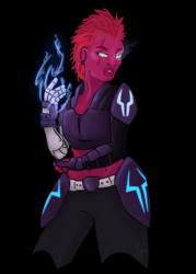 Size: 2400x3351 | Tagged: safe, artist:maydaymain, tempest shadow, cyborg, human, g4, my little pony: the movie, amputee, armor, black background, female, high res, humanized, magic, pony coloring, prosthetic limb, prosthetics, simple background, solo