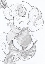 Size: 1062x1516 | Tagged: safe, artist:patoriotto, sweetie belle, pony, unicorn, g4, armpits, bipedal, blushing, bowtie, chin fluff, chubbie belle, chubby, clothes, ear fluff, fishnet stockings, fupa, hat, leotard, monochrome, one eye closed, simple background, solo, top hat, white background, wink
